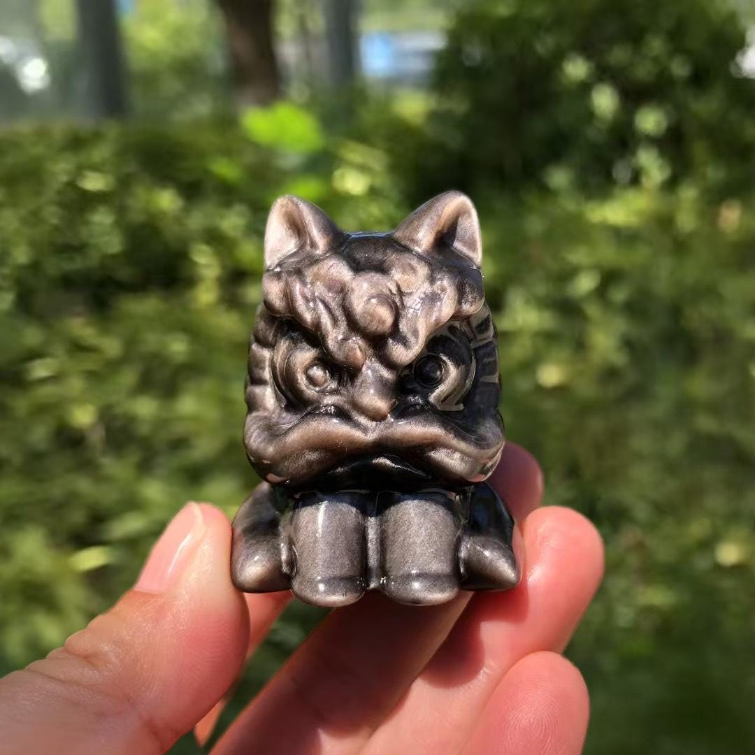 銀黒曜石の東洋獅子彫刻：手彫りの風水守護像 - Etsy 日本