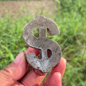 May include: A silver-coloured dollar sign pendant. The pendant is held in a hand against a blurred green background. The dollar sign has a textured surface and a classic design.