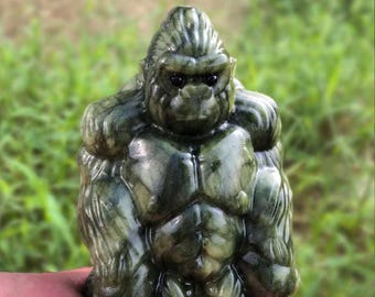 Serpentine Gorilla Carving | Hand Carved Stone Gorilla Figurine | Natural Crystal Animal Decor