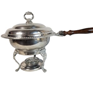 Antique Silver-Plated Chafing Dish with Ornate Stand and Wood Handle