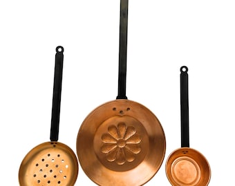 Vintage Copper Hearth Set – 3-Piece – Pan, Strainer & Scoop – Rustic French Farmhouse Kitchen Decor