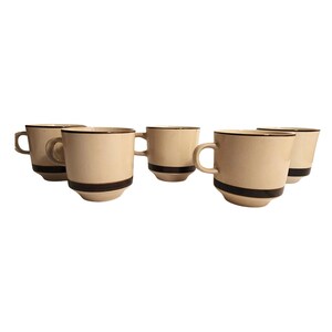 Set of 5 Vintage Stackable Mugs – Strawberries by Sears – Cream & Brown Stripe – 1970s