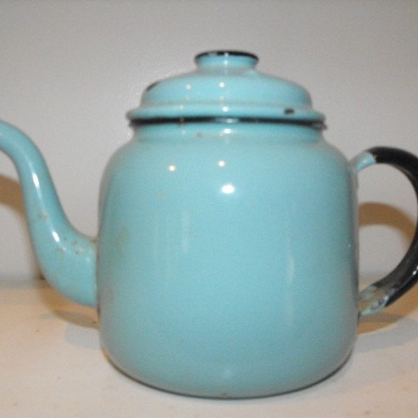 SALE - Vintage Polish Enamel Teapot, Turquoise with Black Trim