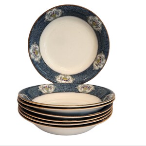 Set of 5 Antique J and G Meakin Newark (Blue on White) Bowls – Elegant Floral & Gold Trim Design