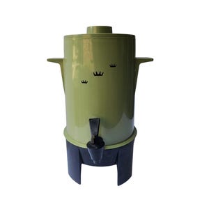 May include: A vintage olive green coffee urn with a black base and spout. The urn has a cylindrical shape with a lid and two side handles. Three black crown designs are on the side of the urn. A classic piece for serving coffee.