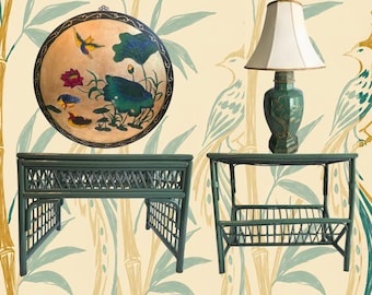 Emerald Chinoiserie Collection — Lamp, Tables & Gold Leaf Art Bundle