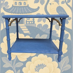 Lane Wedgewood Blue Chinoiserie Lacquered Side Table with Brass Bamboo Accents