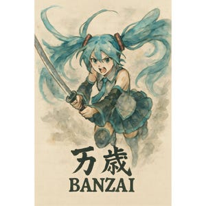 Charging Hatsune Miku - Banzai Battlecry Digital Poster - High Quality Poster Download