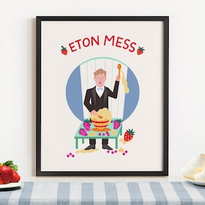 Puede incluir: Impresión artística enmarcada con las palabras "ETON MESS" y una ilustración de dibujos animados de una persona preparando el postre. La imagen muestra a un hombre en esmoquin, una mesa con fresas y un fondo azul y blanco.