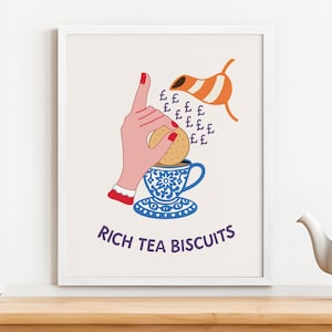 Funny Food Wall Art – British Biscuit Print – Rich Tea Illustration – Quirky Kitchen Decor – Cafe or Home Poster – Playful Snack Art