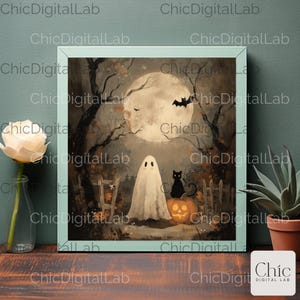 May include: A framed Halloween-themed print featuring a ghost, black cat, and jack-o'-lantern under a full moon. The artwork has a vintage style with a muted color palette of orange, brown, and gray. The frame is a light teal color.