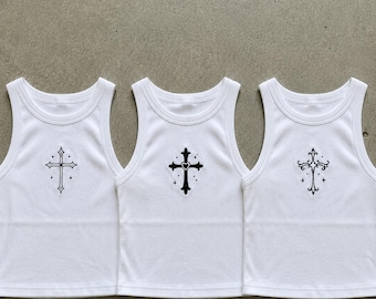 Camiseta sin mangas con cruz y estrella bordada a medida, top corto acanalado estilo gótico Y2K ciberpunk, camiseta sin mangas acanalada con gráfico personalizado, regalo para ella.