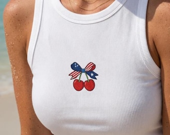 Embroidered Patriotic Cherry Bow Tank Top, 4th of July USA Flag Coquette Ribbed Crop Top, America's 250th Anniversary Shirt