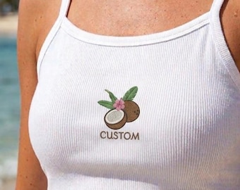 Camiseta sin mangas con bordado personalizado de coco, top corto acanalado de verano personalizado, conjunto para vacaciones tropicales, regalo para ella.