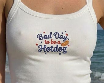 Bad Day To Be A Hotdog Embroidered Baby Tee - Retro Y2K Graphic T-Shirt, Funny Foodie Crop Top, Aesthetic Streetwear, Gift For Her