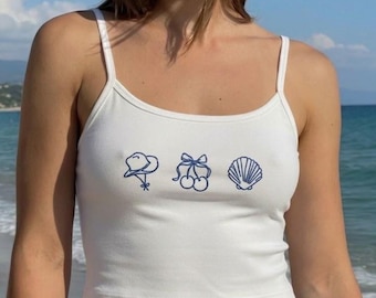 Camiseta sin mangas con icono personalizado bordado, camiseta con estética vaquera costera, top corto playero estilo western personalizado, regalo para ella.
