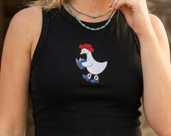 刺繍入り愛国的なガチョウ柄クロップタンクトップ、読書するニワトリ柄7月4日シャツ、アメリカ風Tシャツ、赤白青、彼女へのギフト