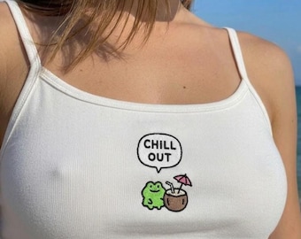 Camiseta sin mangas personalizada "Chill Out" con bordado de rana y coco, top corto de verano divertido y personalizado con rana, camiseta de tirantes tropical con coco, regalo para ella.