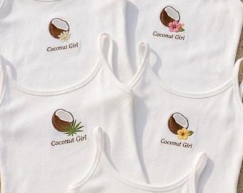 Camiseta sin mangas bordada personalizada con diseño de coco, regalo de camiseta sin mangas bordada personalizada, estética de coco, idea para despedida de soltera, regalo para ella,