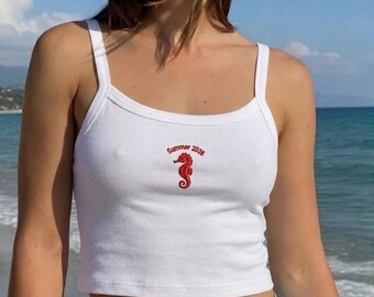 Custom Seahorse Embroidered Tank Top, Personalized Summer 2026 Ribbed Crop Top, Gift for Her