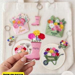 Mama Embroidered Patch, Floral Garden Mother's Day Badge, Personalized Wheelbarrow Flower Patch, Est 2026 Mama Gift