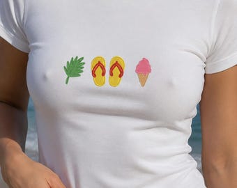 Camiseta de verano bordada para bebé, hoja tropical, chanclas, top corto con estampado de helado, conjunto playero estilo años 90 Y2K.