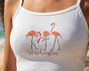 Camiseta sin mangas Washington con bordado personalizado de flamencos, camisola rosa con estampado de flamencos, conjunto para vacaciones tropicales, regalo para ella.