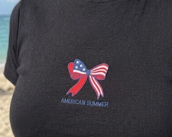 Embroidered American Summer Baby Tee, 4th of July USA Flag Bow Shirt, America's 250th Anniversary Top, 90s Style Ribbed Crop Top