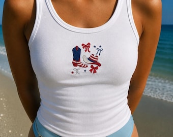 Canotta ricamata Patriotic Coquette, gilet a coste con fiocco in stile western, top corto da cowgirl rosso bianco blu, regalo per lei