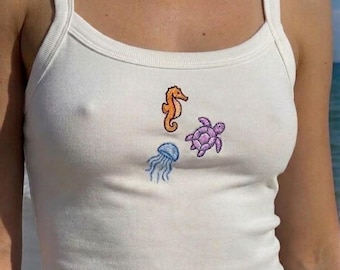 Custom Embroidered Baby Tee, Personalized Sea Animal Icon Cami, Y2K Aesthetic Crop Top, Seahorse Turtle Jellyfish Graphic Tank, Gift for Her