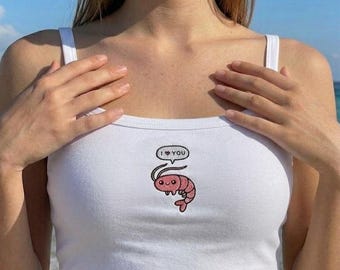 Maglietta personalizzata con ricamo di animali, maglietta personalizzata "Ti amo" con gamberetti, top corto a coste con icona di animale, regalo per lei