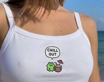 Canotta personalizzata con ricamo "Chill Out" a forma di rana e cocco, top estivo divertente e personalizzato con rana, canotta tropicale con cocco, regalo per lei
