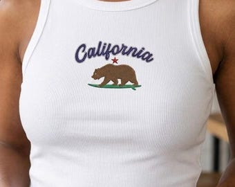 Embroidered California Republic Tank Top, California Bear Surfing Crop Top, Gift for Her