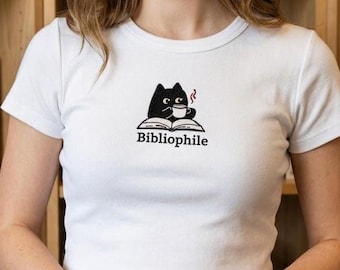 Embroidered Bibliophile Cat Baby Tee, Cute Reading Graphic Shirt, Aesthetic Y2K Fitted Crop Top, Book Lover Gift, Gift For Her