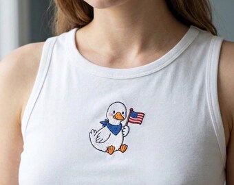 Custom Goose 4th of July Crop Tank Top, Patriotic Embroidered Sleeveless Tee, Funny Independence Day Duck Shirt, Gift for Her