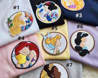 Parche de perfil lateral de princesas Disney, Aurora, Blancanieves, Rapunzel, Ariel, Campanilla, Jazmín, Tiana.