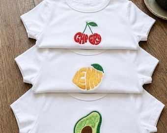 Custom Embroidered Baby Tee, Personalized Fruit Graphic T-Shirt, Retro Y2K Aesthetic Crop Top, Cute Minimalist Summer Shirt, Gift For Her