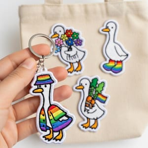 Rainbow Pride Goose Embroidery Keychain, Cute LGBT Duck Iron On Patch, Floral Goose Bag Charm