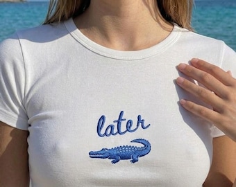 Camiseta corta estilo retro con bordado de cocodrilo estilo vintage de los 90, Y2K.