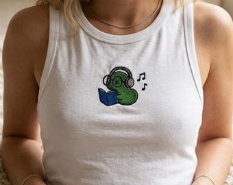 Embroidered Book Cropped Tank Top, Cute Reading Shirt with Headphones, Aesthetic Book Lover Gift, Gift For Her