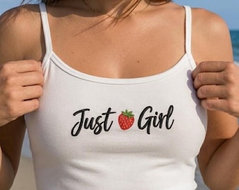 Camiseta sin mangas estilo racer con bordado "Just a Girl", camiseta para bebé "Just a Girl", camiseta de inspiración vintage, crop top con estética de los 90.