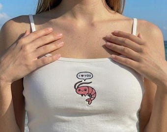 Custom Animal Embroidered Shirt, Personalized "I Love You" Shrimp Baby Tee, Cute Animal Icon Ribbed Crop Top, Gift for Her