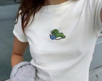 Embroidered Book Baby Tee, Cute Reading Graphic Shirt, Aesthetic Y2K Fitted Crop Top, Book Lover Gift, Gift For Her