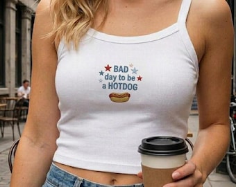 Bad Day To Be A Hotdog Embroidered Tank Top - Funny Graphic Cami, Cute Foodie Ribbed Crop Top, Summer Casual Streetwear, Gift For Her