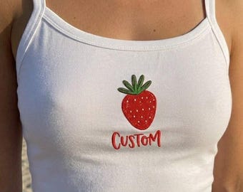Custom Strawberry Crop Tank Top, Cute Fruit Graphic Tee, Women’s Summer Beach Shirt, Minimalist Strawberry Top, Gift For Her