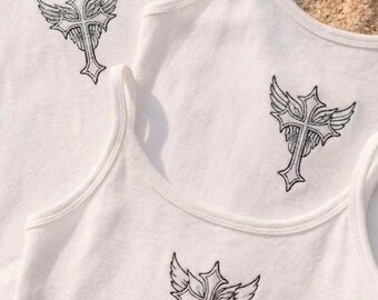 Custom Embroidered Ornate Cross Y2K Tank Top, Aesthetic Winged Cross Ribbed Crop Top, Retro Gothic Grunge Apparel, Gift for her