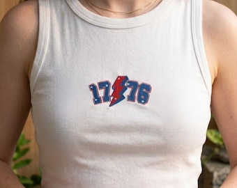 1776 Lightning Bolt Embroidered Crop Tank Top, Patriotic Rock N Roll Fourth of July Shirt, Retro Starry 1776 Graphic Tee, Gift For Her