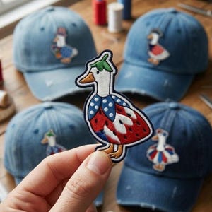 May include: Several denim baseball caps with a distressed finish, each decorated with a duck patch. The duck patch has a white body, red and blue details, and a green leaf. The caps are on a wooden surface.