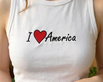 I Love America Embroidered Tank Top, Minimalist Red Heart Patriotic Shirt,4th of July Summer Tee, Classic USA Independence Day, Gift For Her