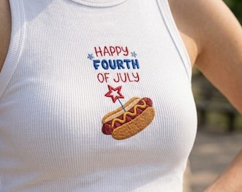 Camiseta sin mangas bordada del 4 de julio, camiseta de verano con estampado de perrito caliente estadounidense, top corto acanalado patriótico para barbacoa, camiseta sin mangas para mujer del 4 de julio